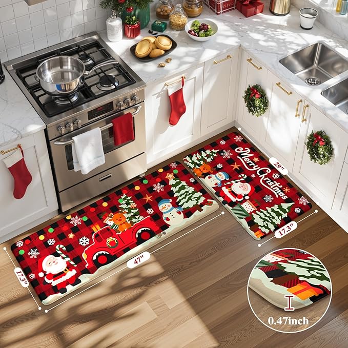 Christmas Kitchen Mats Anti Fatigue - Christmas Kitchen Rugs Sets of 2, Santa Claus Cartoon Buffalo Plaid Farmhouse Floor Mat, Non Slip Cushioned Home Christmas Decorations Gift(Red & Black)