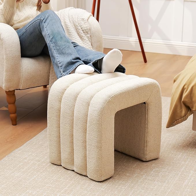 Multi-Functional Ottoman Stool, Footrest for Couch, Modern Vanity Stool for Make-up Room, Living Room and Entryway, Small Cute Footstool (Beige Linen)