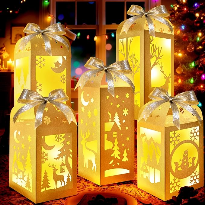 OuMuaMua Winter Christmas Centerpiece Table Decorations, 6Pcs Light Up Snowman Deer Decorative Paper Lanterns Glitter Table Centerpiece Boxes for Winter Wonderland Christmas Holiday Party Home Decor