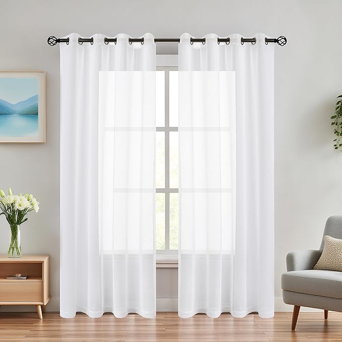 Randall Snow White Linen Sheer Curtain Panel Sets of 2 with Eyelets Open Weave Faux Linen Window Treament for Living Room Bedroom Farmhouse, Elegant Nickel Grommet Top-54x95 Inch