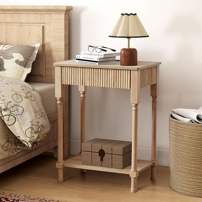 23.6” Large End Table with Charging Station, Modern Farmhouse Side Table Sofa Tables with Fluted Drawer, Wooden Bedside Table Night Stand for Bedroom Living Room Home Office, Natural