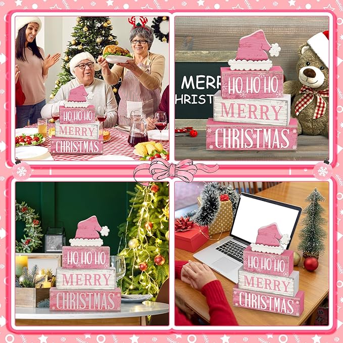 4 Pcs Christmas Table Decorations Pink Santa Hat Decor Christmas Tiered Tray Decor Rustic Wood Pink Hat Block Sign Gift Xmas Table Centerpiece Farmhouse for Home Shelf Kitchen Decorations
