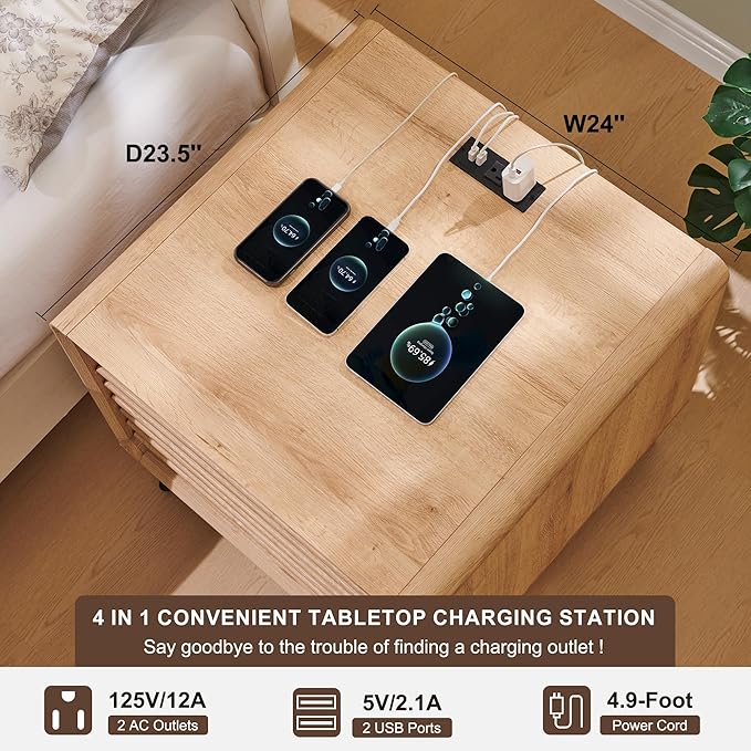 RedLemon 24" Nightstand with Charger Station, Mid Century Modern Fluted End Table with 2 Drawers, Wooden Side Table with Open Cubby Storage for Living Room, Bedroom, Office (Natural Oak)