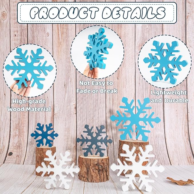 5Pcs Snowflake Christmas Table Decorations, White Blue Wooden Snowflakes Tabletop Centerpieces Christmas Winter Tiered Tray Table Decor for Xmas Holiday Party Supplies Home Mantel Decor