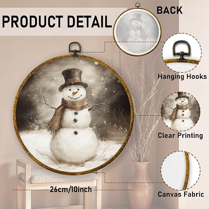 QZQE Vintage Winter Snowman Round Wall Art Decor Framed, Rustic Farmhouse Cottage Christmas Canvas Prints, Retro Xmas Cozy Winter Holiday Wall Hanging Decor for Home Bedroom Living Room, 10x10 Inch