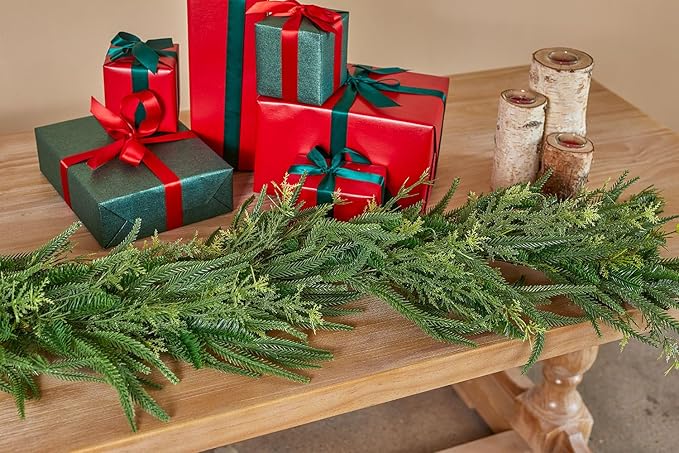 9ft Handmade Christmas Garland,Artificial Cypress Cedar Pine Needles Greenery Seasonal Garland for Christmas Fireplace Winter Holiday Indoor Outdoor Decoration