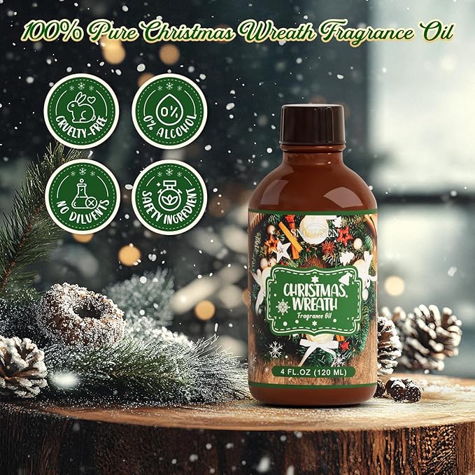 Christmas Wreath Fragrance Oil 4 Fl Oz, Undiluted Winter Essential Oil with Glass Dropper for Diffuser, Humidifier, House Cleaning,Spray,Soap Making,Candle Making,Yoga,Long Lasting Scents