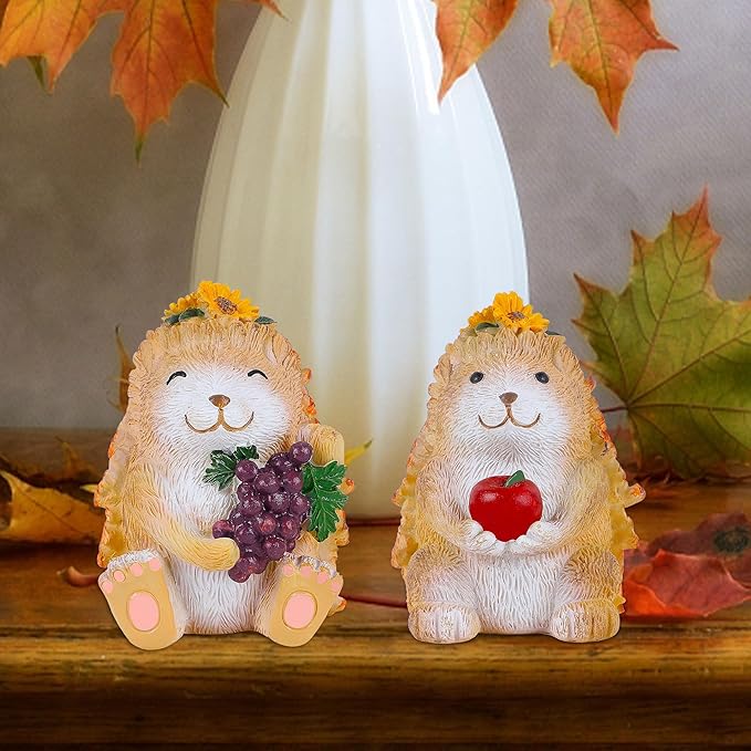 Lulu Home Fall Decorations for Home, 2 Packs Harvest Hedgehog Resin Sculpture with Maple Leaves & Fruits, Autumn Tabletop Ornaments Craft Decor for Thanksgiving and Fall Season