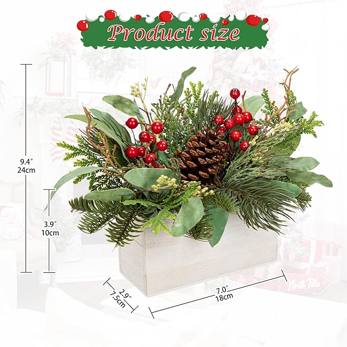 Christmas Centerpieces 8 Inch Artificial Christmas Plant in Rectangular Wooden Pot Tabletop Pine Plants with Red Berries Pine Cones Eucalyptus for Winter Holiday Party Fireplace Mantel Xmas Decor