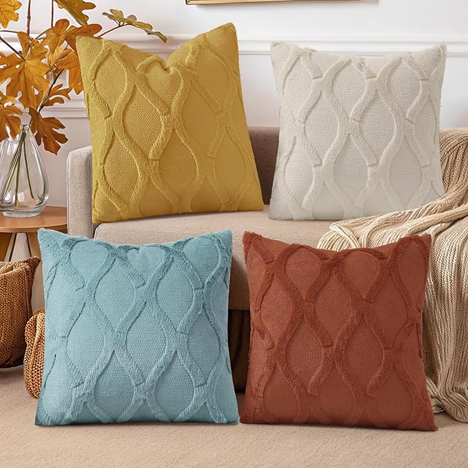 decorUhome Set of 4 Throw Pillow Covers 18x18 Inch, Neutral Decorative Soft Plush Faux Wool Couch Pillow Covers, Farmhouse Pillow Cases for Living Room Bed Sofa (Beige/Rust)