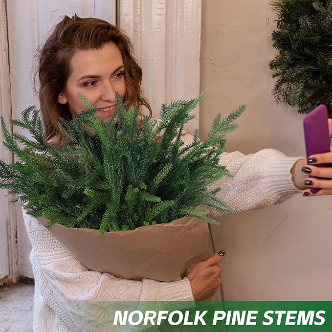 Jutom 12 Pcs 30 Inch Christmas Norfolk Pine Branches, Lifelike Bendable Non-Shedding Greenery Stems Faux Pine Picks for Christmas Mantel Centerpiece Garland Wreath and Holiday Decor