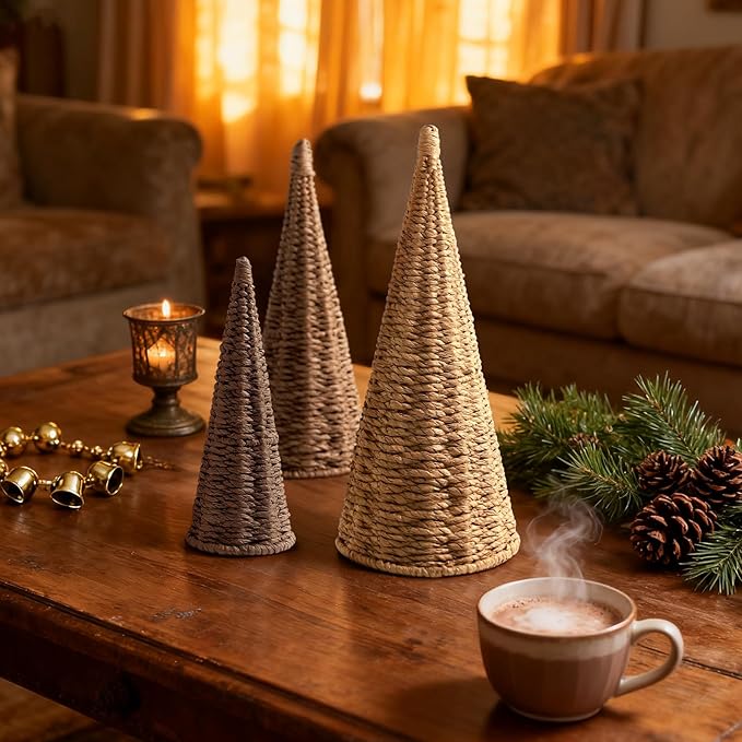 3pcs Natural Woven Christmas Trees Decor, Artificial Christmas Tree Decorations for Home Party Table Village Craft Indoor Outdoor Vintage Christmas Decor(Khaki+Dark Brown+Dark Khaki)