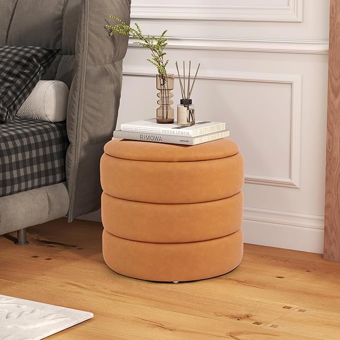 DAGONHIL Round Storage Ottoman PU Leather Footrest, Hidden Storage Ottoman Stool, Multi-Functional Coffee Table for Living Room, Bedroom, Entryway, Brown