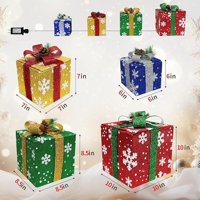 DomKom Set of 4 Christmas Lighted Gift Boxes, 70 Led Light Up Colorful Iron Frame Present Box with Pine Cones Bows for Xmas Tree Party Yard Holiday Indoor Outdoor Decoration