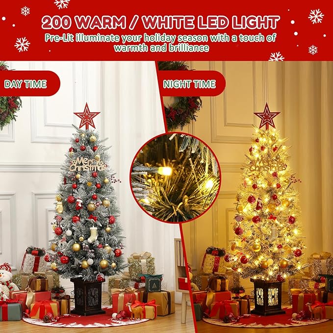 GarveeHome 4.5ft Pre-Lit Flocked Artificial Christmas Tree with Pine Cones, Artificial Xmas Tree w/ 386 Branch Tips & 200 Lights, Antique Urn Base for Home, Party Decoration,2 PCS