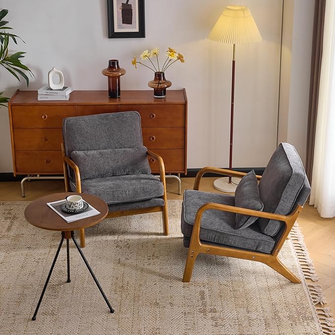 VINGLI Chenille Mid-Century Modern Accent Chair Set of 2, Cute Reading Arm Chair with Cushion & Lumbar Pillow & Solid Wood Frame for Lounge, Living Room, Reading Room, Bedroom, Dark-Gray