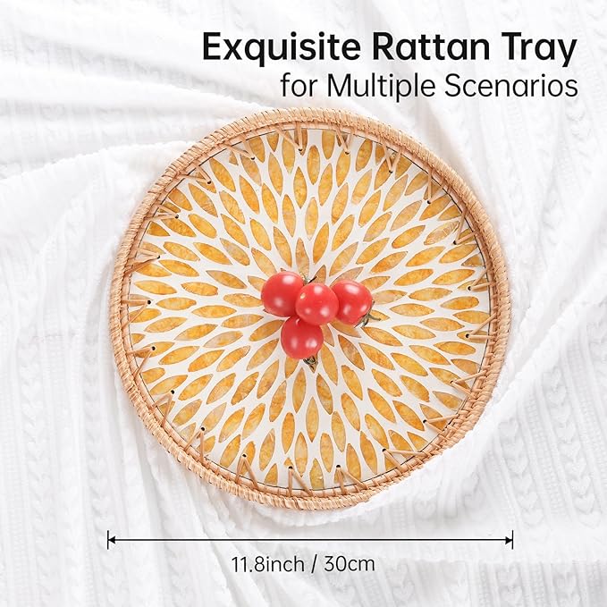 Round Rattan Tray with Mother of Pearl Inlay, Rattan Serving Tray for Coffee, Bread, Fruits, Decorative Wicker Tray for Table Decor, Home Decor, Kitchen Island Decor (Amber Leaf, 11.8")