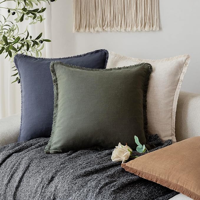 Foindtower Set of 2 Decorative Linen Fringe Throw Pillow Covers Cozy Farmhouse Cushion Cover with Tassels Accent Pillowcase for Couch Chair Sofa Bed Living Room Home Decor,24×24 Inch,Dark Olive Green