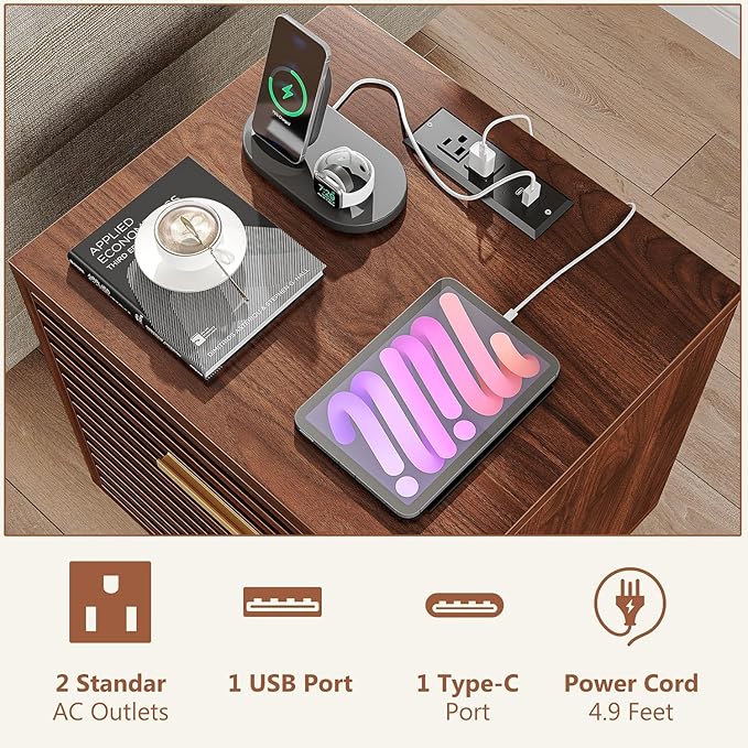 Alohappy Night Stands with Charging Station Set of 2, Mid Century Modern Nightstands, Wooden Bedside Table for Bedroom, End Table with Storage Drawers, Bed Side Table with USB Outlets, Brown 2pcs