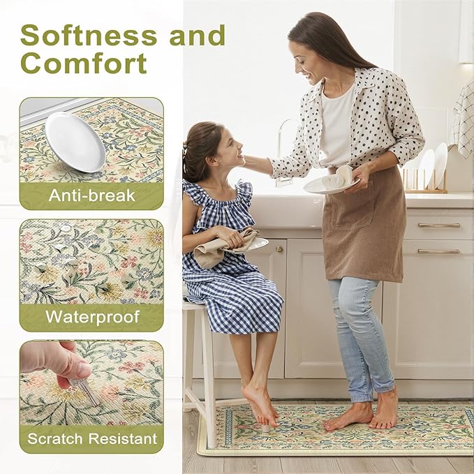 Collive Anti Fatigue Mat for Kitchen Floor, Spring Floral Kitchen Mats for Floor Set of 2, Beige Cushioned Waterproof Sink Rugs Non Slip Comfort Standing Rug for Office, Laundry, Desk