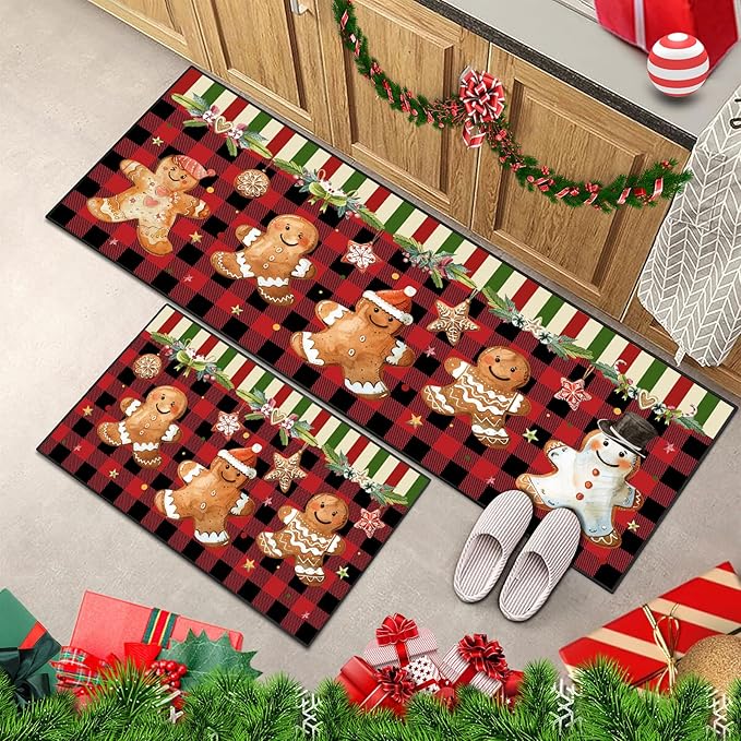 Christmas Kitchen Rugs Non-Slip Holiday Floor Mats 2 Piece Set Gingerbread Man Vintage Decor Soft Absorbent Mats for Front of Sink 17x30 and 17x47 Inches
