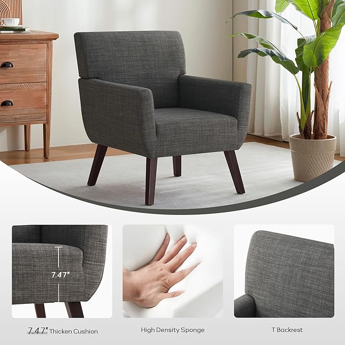Upholstered Accent Chair,Mid Century Modern Linen Fabric Living Room Chair with Arm,Comfy Wingback Club Armchair for Bedroom Reading Dark Grey