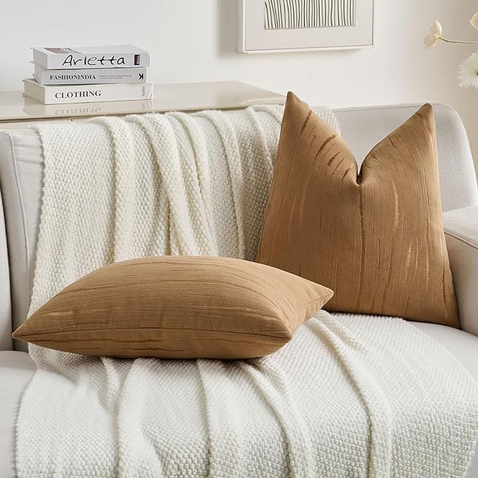 FUTEI Bronze Chenille Decorative Throw Pillow Covers 12x20 Inch Set of 2,Soft Embossed Striped Textured Lumbar Pillow Cases,Modern Home Decor for Couch Bed Living Room