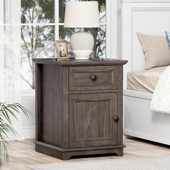 24" End Table with Fast Charging Station, Side Table with Drawer, Adjustable Shelf & Large Storage Cabinet, Vintage Wooden Nightstand for Living Room/Bedroom, Rustic Brown