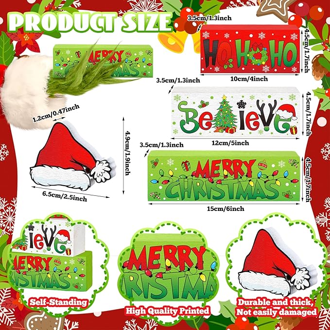 4 Pcs Christmas Table Decor Wooden Hohoho Decoration Red White Green Christmas Tiered Tray Decor Xmas Table Centerpiece Rustic Decorative Santa Hat Block Signs Gift Farmhouse for Home Kitchen