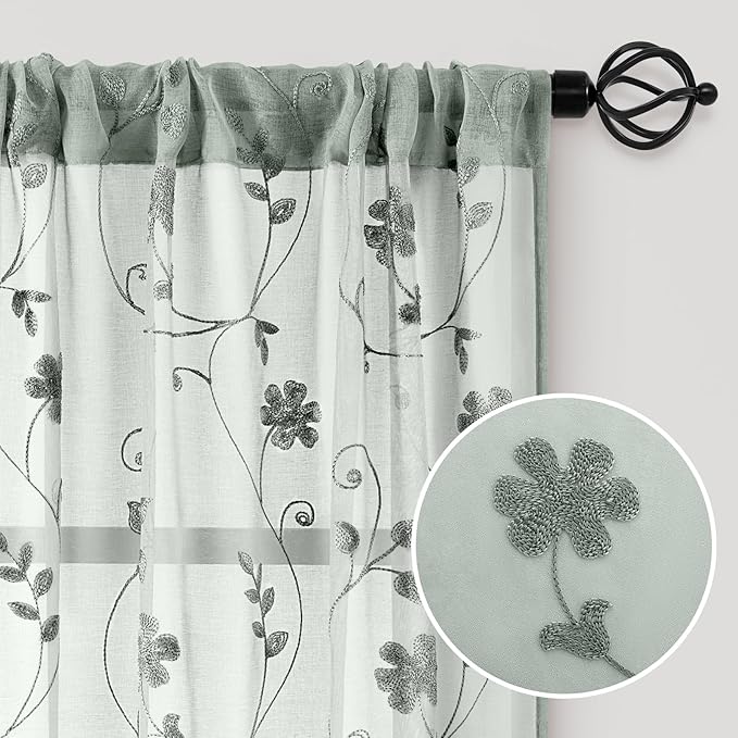 HOMEIDEAS Sage Green Sheer Curtains 84 Inches Long 2 Panels Embroidered Floral Pattern Semi Sheer Window Curtains for Bedroom Living Room