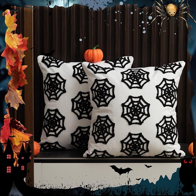 Set of 2 Halloween Spider Web Throw Pillow Covers 18x18 Inch Black White Spider Web 3D Protruding Throw Pillow Cases Soft Halloween Couch Cushion Case for Home Sofa Room Decoration