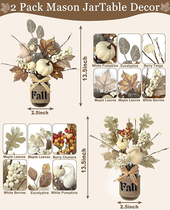 2 Pack 13.5 Inch Fall Decorations for Home Fall Table Centerpieces with 20 LED Lights Timer, Mason Jar with Maple Leafed Pumpkins Berried Thanksgiving Fall Home Decor for Table Coffee Table Bathroom
