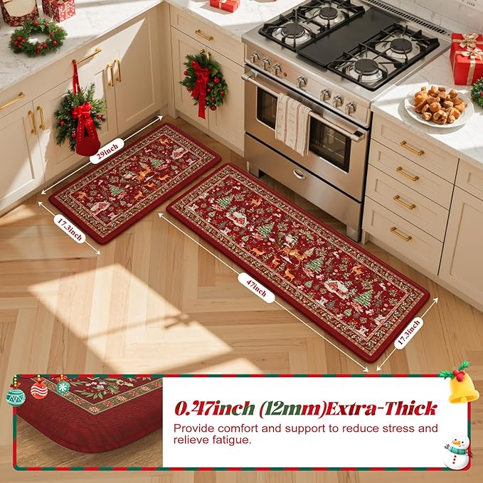 Collive Christmas Snowman Kitchen Floor Mats, Red Winter Xmas Tree Cushioned Anti Fatigue Kitchen Rugs 2 Piece Waterproof Elk Sled Sink Mat, Non Slip Foam Comfort Standing Desk Rug for Home Decor
