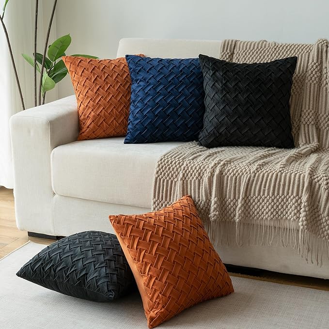 Velvet Decorative Throw Pillow Covers Set of 2, 18x18 Inch Soft Modern Weave Cushion Case, Farmhouse Home Decor Pillowcase for Sofa Living Room Couch Bed Navy