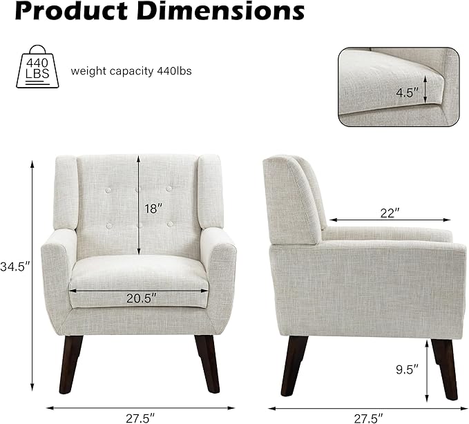 UIXE Accent Chairs Set of 2, Modern Living Room Arm Chair Mid-Century Upholstered Club Armchair, Comfy Fabric Single Sofa Button Tufted Reading Seat Bedroom Side Sitting, Beige