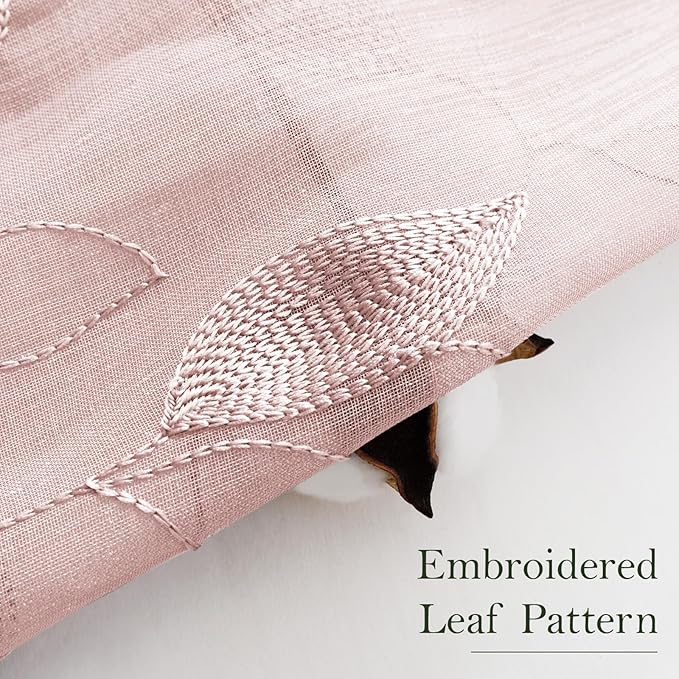 HOMEIDEAS Blush Pink Sheer Kitchen Curtains 52 x 45 Inch Length 2 Panels Embroidered Leaf Pattern Short Curtains for Bedroom Half Small Bathroom Window Rod Pocket Tiers