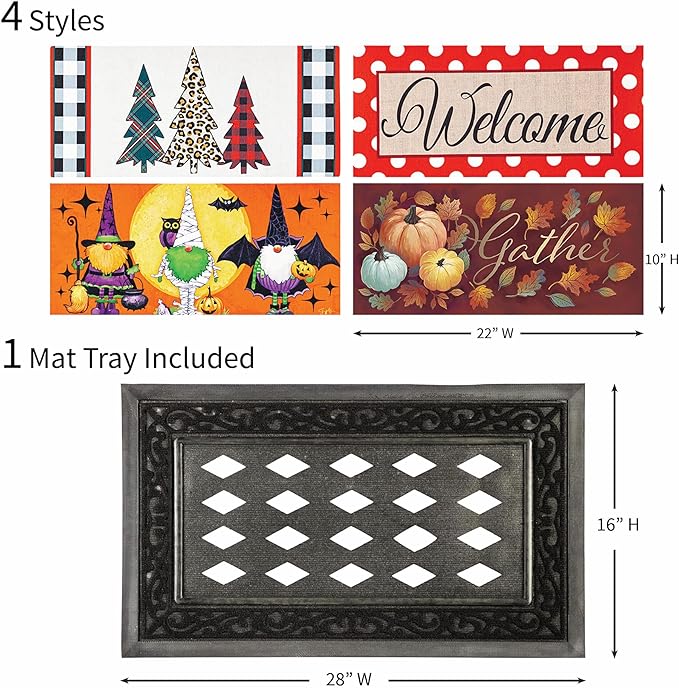 Evergreen Sassafras Fall Christmas Holiday Doormat Insert Bundle & Tray Set of 5, Interchangeable Entrance Door mats Indoor and Outdoor Welcome Mat 30 x 18 Tray Non Slip Backing Low Profile
