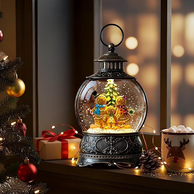 9.8" Christmas Snow Globe Water Lantern with Gingerbread Scene Battery Operated or USB Powered Musical Lighted Holiday Decoration for Tabletop Display for Family and Friends
