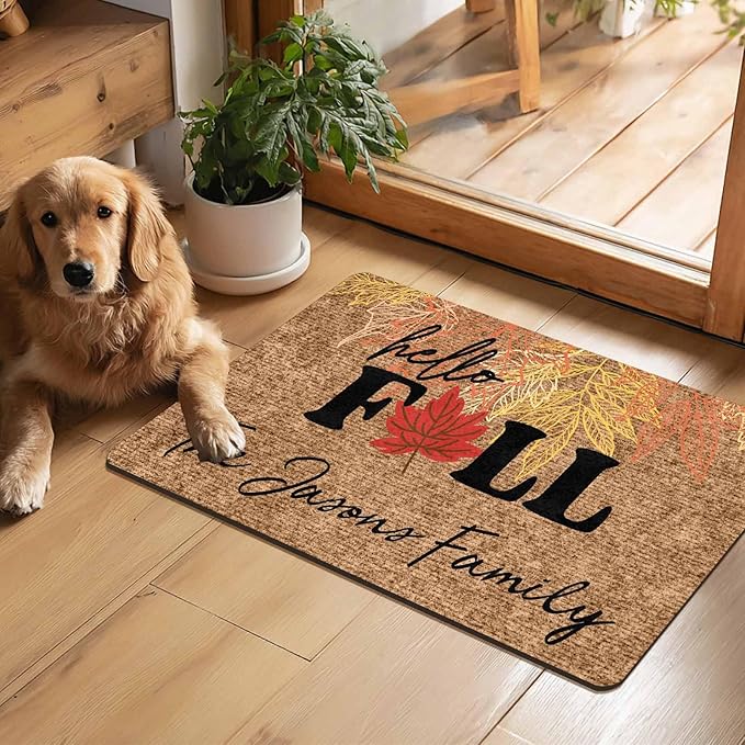 Fall Welcome Doormat, Personalized Door Mat Hello Fall Custom Home Decor Floor Mat, Non-Slip Rubber Rugs, Washable Carpet for Indoor Outdoor Front Door Porch Entryway