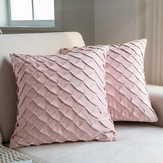 Velvet Decorative Throw Pillow Covers Set of 2, 18x18 Inch Soft Modern Weave Cushion Case, Farmhouse Home Decor Pillowcase for Sofa Living Room Couch Bed Blush