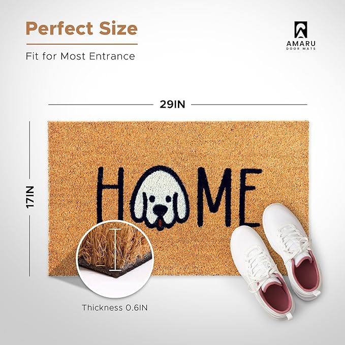 Home Dog - 17"x29" - Coir Door Mat with Heavy Duty Backing - Welcome Mats for Entryway, Porch - Anti-Slip PVC & Coconut Fiber Surface - Natural Home Accessories, Minimalist Original Design