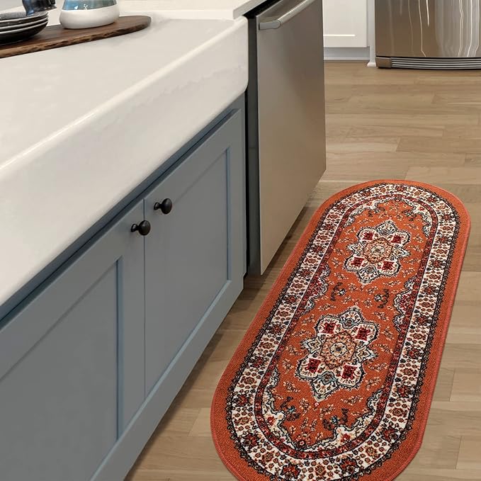 Antep Rugs Alfombras Oriental Traditional 2x5 Non-Skid (Non-Slip) Low Profile Pile Rubber Backing Kitchen Area Rugs (Rust Brown, 2' x 5' Oval)