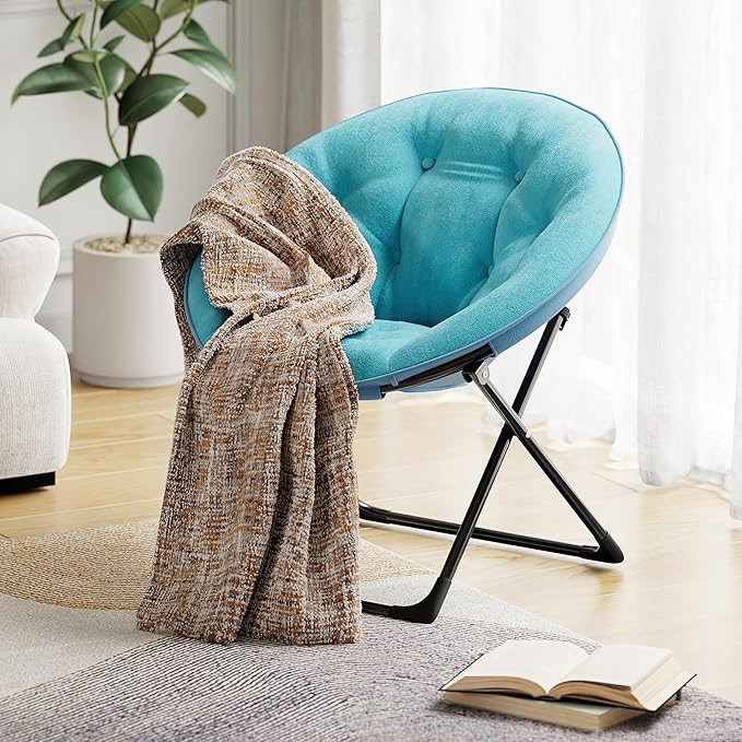 Saucer Chair with Faux Fur Cover, Large Foldable Moon Chair for Adults & Teens, Cozy Circle Accent Chair for Bedroom, Living Room, Dorm, Playroom, Soft Folding Gaming Chair for Small Spaces, Green