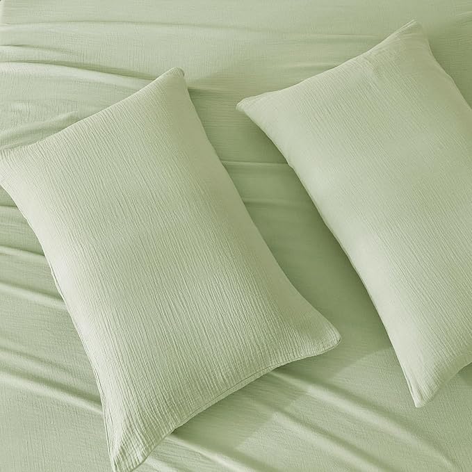 Twin Sheets Set 100% Cotton Bed Sheets Gauze 3 Pcs Sage Green Fall Line Like Sheet Set 16" Deep Pocket Twin Sheet & Pillowcase Sets Boho Muslin Soft All Season Bedding Sets Easy Care