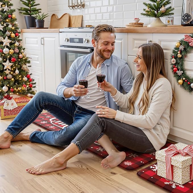Christmas Kitchen Mats Cushioned Anti Fatigue, Santa Claus Farmhouse Kitchen Floor Mat Non Slip Kitchen Rugs Sets of 2, Buffalo Plaid Kitchen Sink Mats for Home Decor(Red & Black)