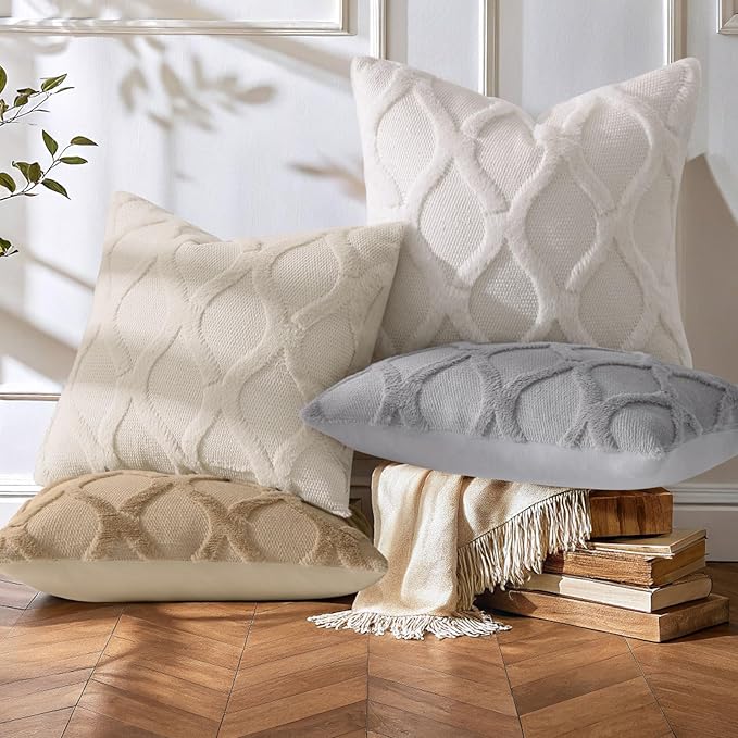 decorUhome Set of 4 Throw Pillow Covers 18x18 Inch, Neutral Decorative Soft Plush Faux Wool Couch Pillow Covers, Farmhouse Pillow Cases for Living Room Bed Sofa (Cream/Khaki)