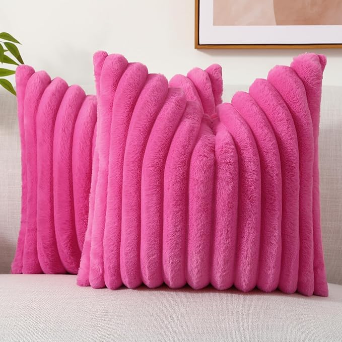decorUhome Faux Fur Throw Pillow Covers 26x26 Set of 2, Decorative Soft Plush Striped Neutral Couch Euro Pillow Covers with Velvet Back for Sofa, Bed, Living Room Home Decor, Hot Pink