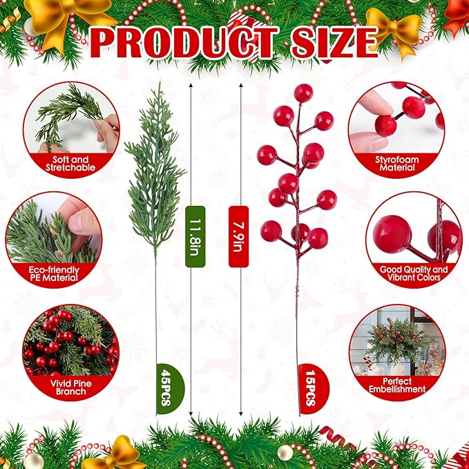 60Pcs Christmas Decorations-Artificial Pine Branches with Red Berry Stems, Christmas Decor Faux Pine Greenery Stems, Christmas Tree Decorations & Christmas Picks for Indoor Outdoor Navidad Decor