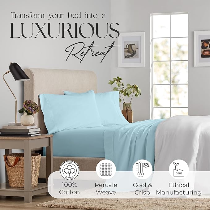 SUPREME ELEGANCE Queen Sheet Set – Natural 100% Long Staple Cotton Percale Sheets Queen Size Bed Set, Deep Pocket Snug Fit, Oeko-tex Made in Green Sustainable Hotel Quality Bedding, Sky Blue