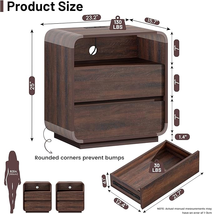 Modern Walnut Nightstand, 25" Tall Wooden Bedside Table with Charging Station, 2 Storage Drawers Side Table Curved Profile, Handleless, Large End Table Night Stand for Bedroom, Office